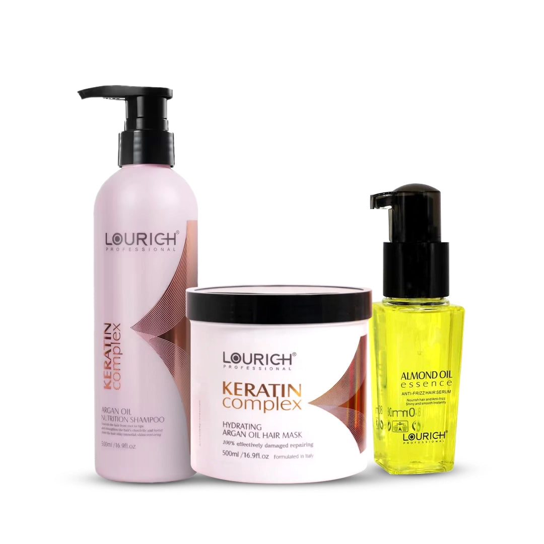 Lourich Professional Argan Oil Nutrition Shampoo, Mask 500ml & Anti Frizz Hair Serum 80ml Duo