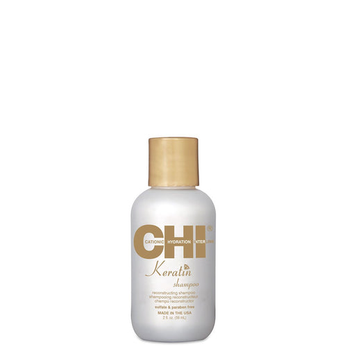 355ml Bottle of CHI Keratin Reconstructing Shampoo. Golden and grey color bottle. Short bottle